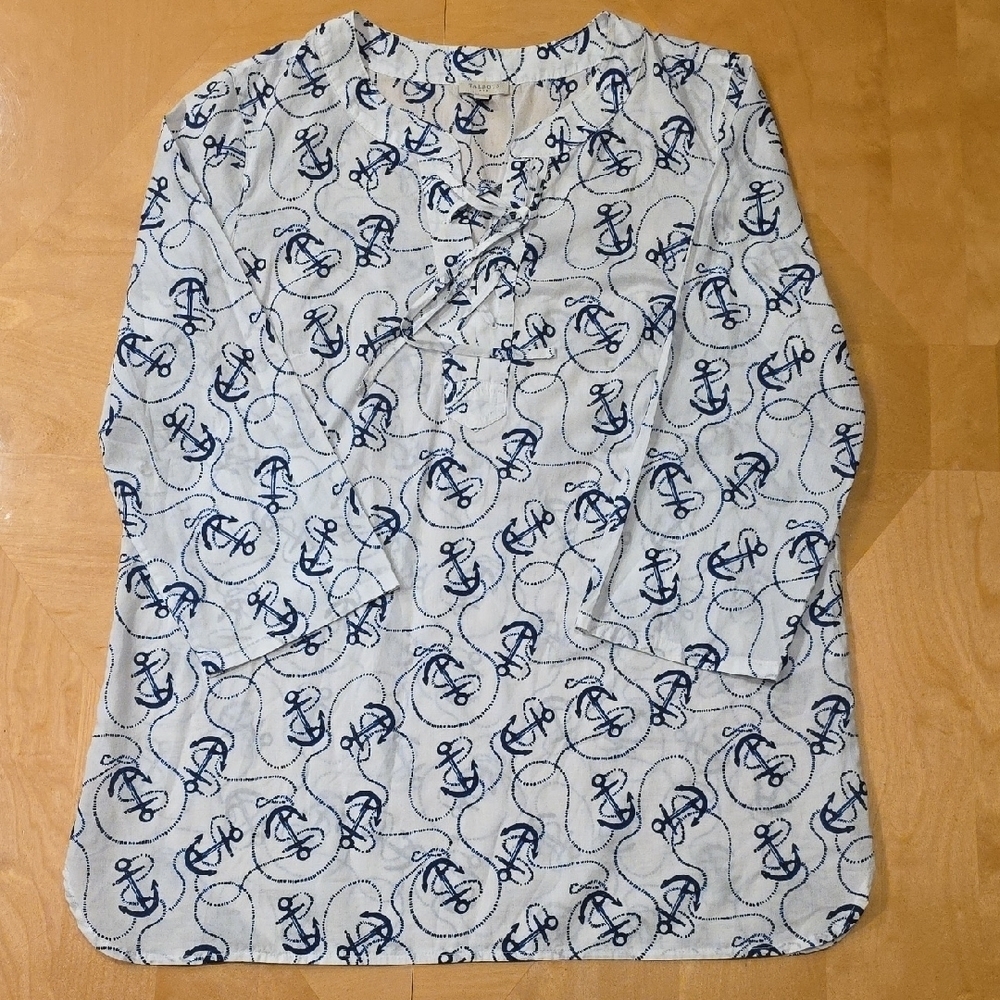 Talbots Blue and White Anchor Print Tunic Top